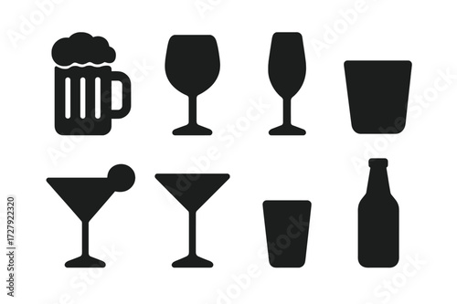 Alcoholic Drink Icons. Solid, filled icon set of alcoholic drinks: beer mug, wine glass, champagne flute, whiskey tumbler, cocktail glass, martini glass, shot