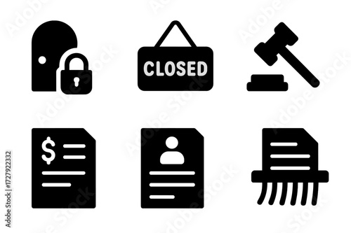 Business Closure Icons. Solid, filled icon set of liquidation business closure: locked door, closed sign, empty office, auction sale, final invoice,