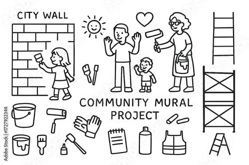 Community Mural Tools. Hand-drawn doodle illustration Community mural project city wall, paint bucket, roller, brushes, spray can, scaffolding, safety vest,