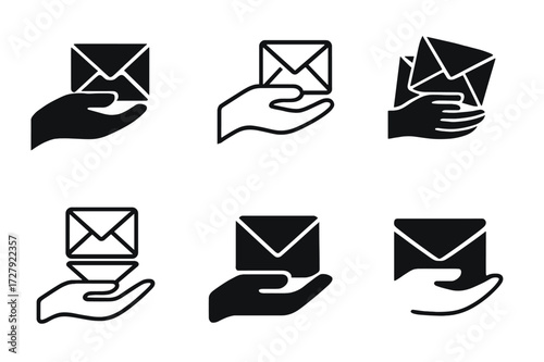 Mail Sorting Logos. Sorting mail. Set Logo of sorting mail: hand holding letters. harmonious logo variations of the same emblematic concept, each