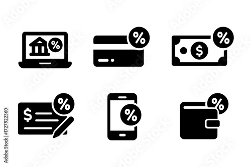 Interest Payment Icons. Solid, filled icon set of interest rate payment methods: online banking, credit card, cash, cheque, direct debit, mobile payment, bank