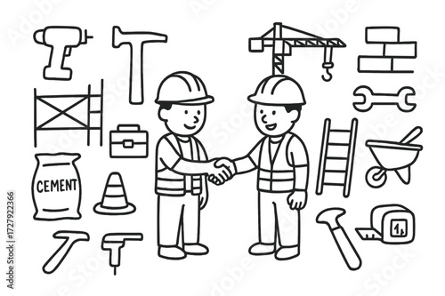 Construction Doodle Icons. Hand-drawn doodle illustration [construction workers teamwork] [worker, helmet, safety vest, scaffolding, hammer, drill, crane,