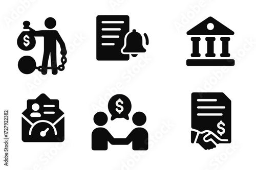 Debt Collection Icons. Solid, filled icon set of collections concepts: debt collection, payment reminder, overdue invoice, collection agency, demand letter,