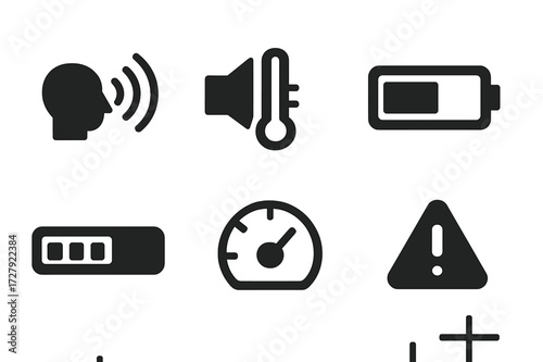 Technological Icons Grid. Solid, filled icon set of technological thresholds: sensor trigger, volume level, temperature gauge, battery indicator, progress bar,