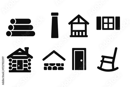 Log Cabin Icon Set. Solid, filled icon set of log cabin features: wooden logs, chimney, porch, window shutters, pitched roof, stone foundation, front door,