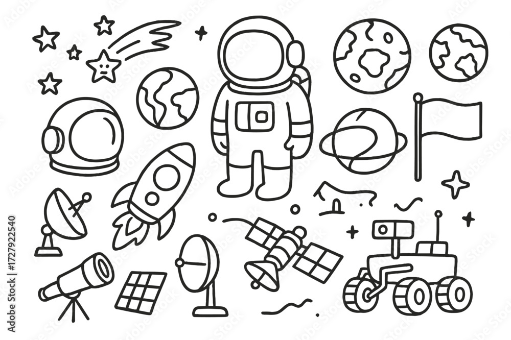 Fototapeta premium Space Exploration Doodles. Hand-drawn doodle illustration Human space travel astronaut, space helmet, rocket, flag, moon, mars, earth, star, comet, satellite,