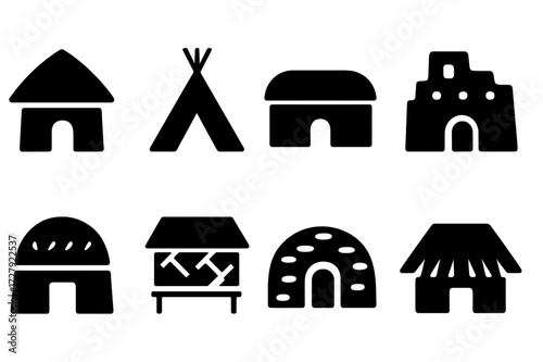 Tribal Housing Icons. Solid, filled icon set of tribal housing: hut, teepee, longhouse, adobe house, wigwam, bamboo hut, stone shelter, thatched roof. Solid,
