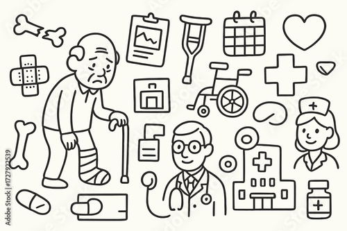 Elderly Care Doodle Icons. Hand-drawn doodle illustration elderly fracture walking stick, wheelchair, crutch, bone, plaster, chart, nurse, doctor, stethoscope,