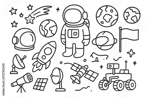Space Exploration Doodles. Hand-drawn doodle illustration Human space travel astronaut, space helmet, rocket, flag, moon, mars, earth, star, comet, satellite,