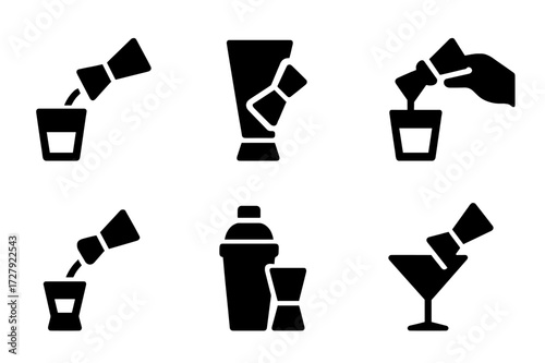 Jigger Usage Icons. Solid, filled icon set of jigger usage: measuring liquor, cocktail making, bartending, precise pouring, mixing drinks, portion control,