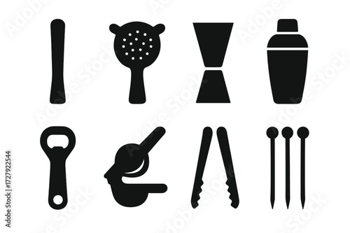 Bar Tools Icons. Solid, filled icon set of bar tools and accessories: muddler, strainer, jigger, shaker tin, bottle opener, citrus squeezer, ice tongs,
