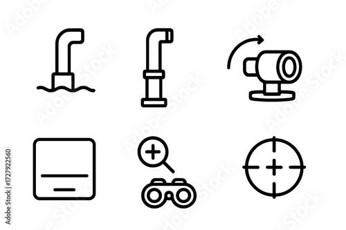Periscope Icon Set. Outline icon set of periscope: submarine periscope, naval periscope, optical lens, rotating turret, viewing window, zoom control, night