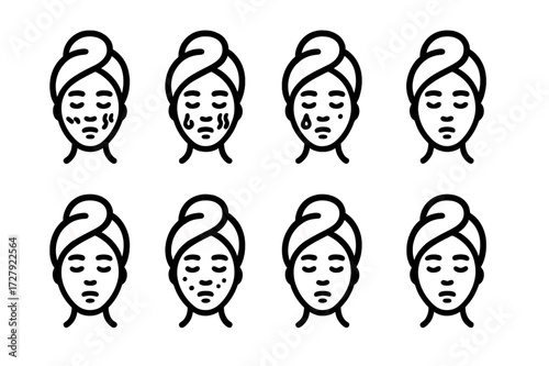Face Care Icons. Solid, filled icon set of face care skin types: oily skin, dry skin, combination skin, sensitive skin, acne-prone, normal skin, mature skin,