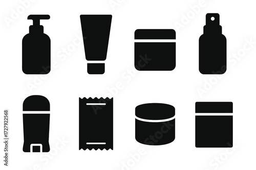 Body Care Icons. Solid, filled icon set of body care packaging: pump bottle, tube, jar, spray bottle, stick, sachet, container, box. Solid, filled icons in