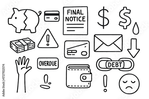 Debt Doodles Chaos. Hand-drawn doodle illustration debt and overdue payments broken piggy bank, credit card, final notice letter, dollar sign, tear, stack of