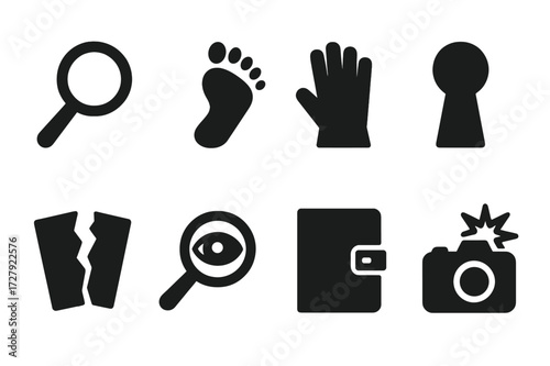 Detective Clue Icons. Solid, filled icon set of clues: magnifying glass, footprint, glove, keyhole, torn paper, magnified eye, diary, camera flash. [Line icons
