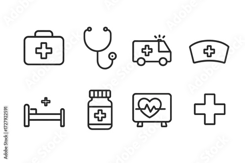 Medical Icon Set. Outline icon set of medical support: first aid kit, stethoscope, ambulance, nurse cap, hospital bed, pill bottle, heart monitor, medical