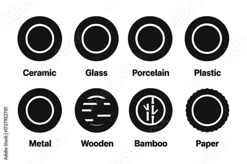 Plate Material Icons. Solid, filled icon set of plate materials: ceramic plate, glass plate, porcelain plate, plastic plate, metal plate, wooden plate, bamboo