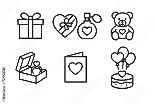 Love Gift Icons. Outline icon set of love and gifts: wrapped present, chocolate box, perfume bottle, teddy bear, jewelry box, greeting card, balloon bouquet,