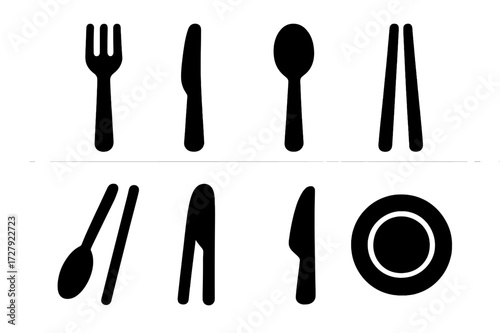 Main Course Utensils Icons. Solid, filled icon set of main course utensils: fork, knife, spoon, chopsticks, serving spoon, tongs, carving knife, plate. Solid,