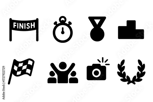 Finish Line Icons. Solid, filled icon set of finish line elements: finish tape, stopwatch, medal, podium, race flag, cheering crowd, camera flash, victory