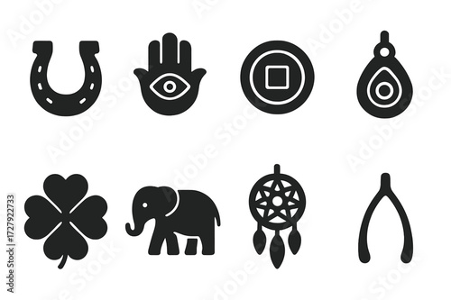 Lucky Charm Icons. Solid, filled icon set of lucky charms: horseshoe, talisman, lucky coin, amulet, clover, elephant, dreamcatcher, wishbone. [Line icons in