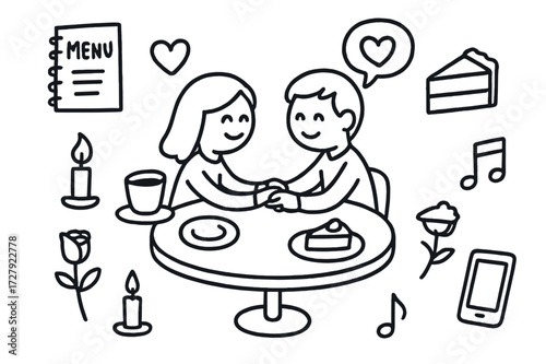 Romantic Date Doodles. Hand-drawn doodle illustration [holding hands on a date] [coffee cup, table, hands, menu, plate, heart, candle, smile, eyes, speech