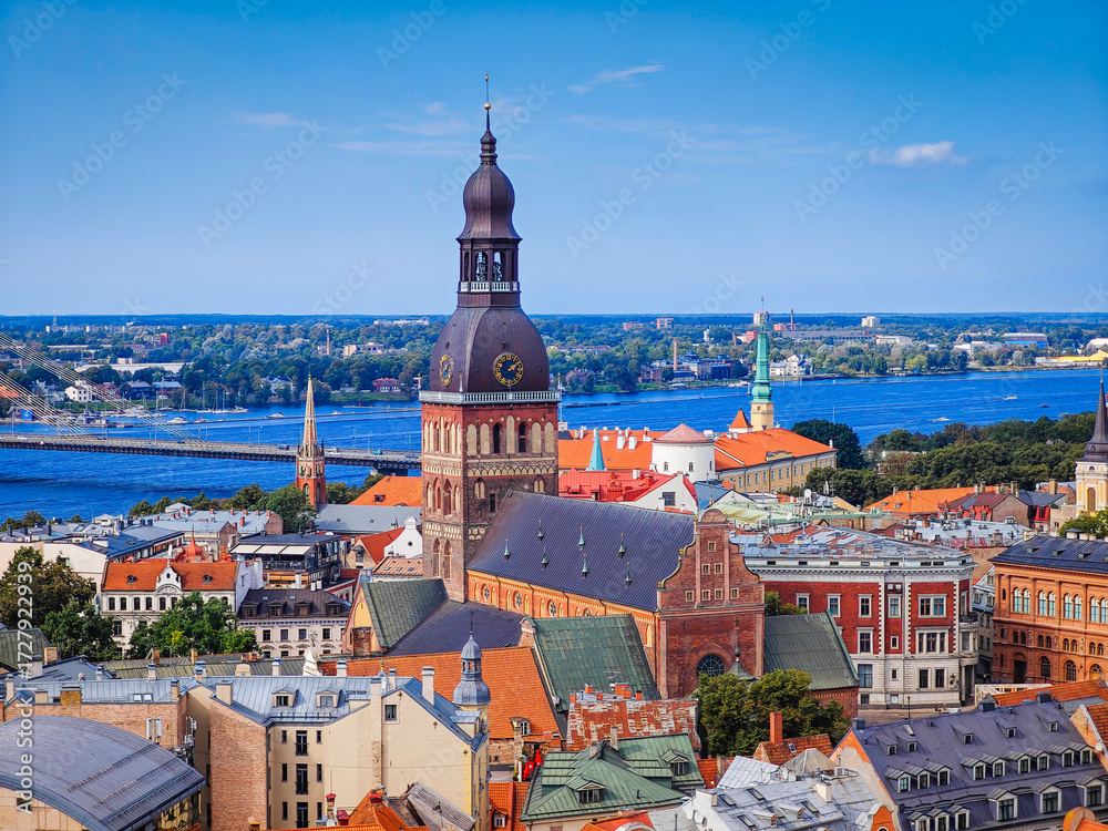 Obraz premium Riga cathedral in Riga old town. Aerial drone view. Panoramic view of Latvia capital city center
