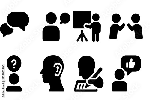 Negotiation Icons Grid. Solid, filled icon set of negotiation communication: speech bubble, dialogue, presentation, argument, question, listening, note-taking,