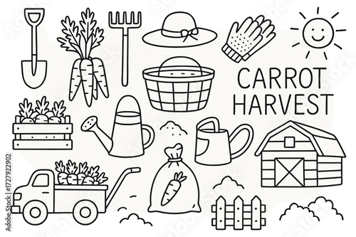 Carrot Harvest Icons. Hand-drawn doodle illustration Carrot harvest [carrot bunch, basket, shovel, rake, gloves, sun hat, crate, wheelbarrow, bucket, soil