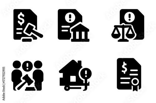 Legal Matters Icons. Solid, filled icon set of unpaid legal matters: lawsuit, court order, judgment, arbitration, lien, seizure, contract
