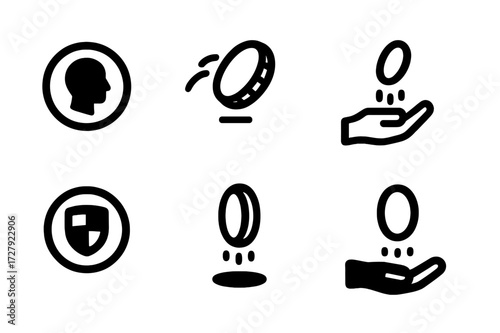 Coin Flip Icons. Solid, filled icon set of coin flip: penny coin, flipping coin, hand tossing coin, coin with heads, coin with tails, spinning coin, coin in