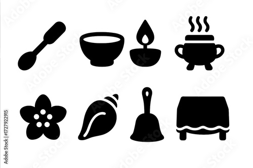 Milk Ritual Icons. Solid, filled icon set of milk offering rituals tools: spoon, bowl with milk, flame, incense burner, flower petals, conch, bell, altar