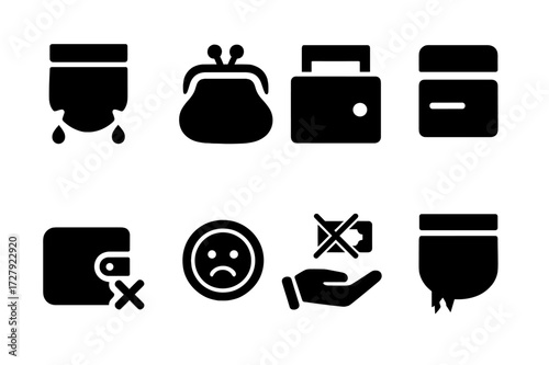 Pocket Trouble Icons. Solid, filled icon set of pocket troubles: holes in pockets, empty change pouch, no bills, empty credit card slot, lost wallet, sad face
