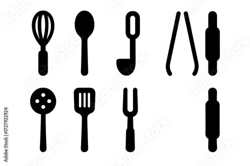 Kitchen Utensils Icons. Solid, filled icon set of kitchen utensils set: oak whisk, wooden spoon, ladle, tongs, slotted spoon, spatula, carving fork, rolling