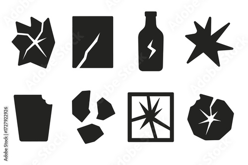 Glass Breakage Icons. Solid, filled icon set of glass breaking: shattered glass, cracked pane, broken bottle, splintered glass, chipped edges, glass fragments,
