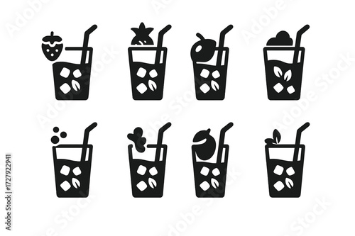 Mojito Icon Set. Solid, filled icon set of mojito variations: strawberry mojito, pineapple mojito, coconut mojito, frozen mojito, sparkling mojito, ginger