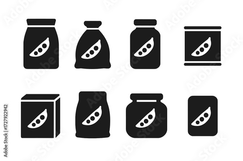 Pulse Packaging Icons. Solid, filled icon set of pulse packaging: paper bag, plastic sack, glass jar, can, box, pouch, bulk container, label. [Line icons in