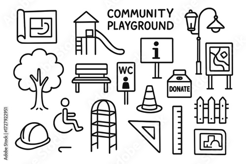 Community Playground Blueprint. Hand-drawn doodle illustration [community playground design] [blueprint, play area icon, tree, seating, public restroom sign,