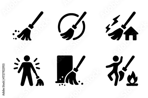 Ritual Broom Icons. Solid, filled icon set of ritual broom symbolic actions: sweeping away negativity, drawing protection circle, releasing energy, blessing
