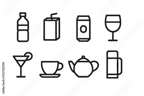 Picnic Drink Icons. Outline icon set of picnic drinks: water bottle, juice box, soda can, wine glass, cocktail, coffee cup, tea pot, thermos. Line icons in