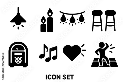 Happy Hour Icons. Solid, filled icon set of happy hour ambiance: dim lighting, candles, fairy lights, bar stools, jukebox, neon signs, music notes, dance