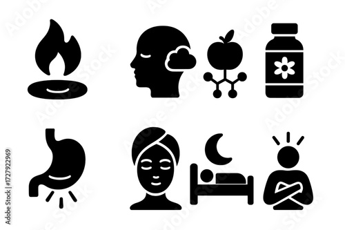 Chamomile Benefits Icons. Solid, filled icon set of chamomile health benefits: anti-inflammatory, calming, antioxidant, soothing, digestive aid, skin repair,