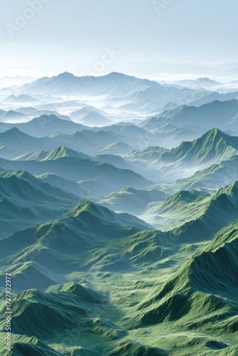 An aerial view showcases lush green mountain ranges with a misty atmosphere, highlighting the natural beauty of the landscape.