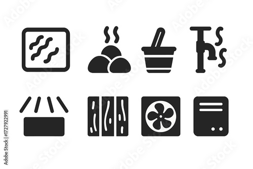 Steam Room Icons. Solid, filled icon set of steam room environment: foggy glass, hot stones, water bucket, steam pipes, light rays, wooden panel, ventilation