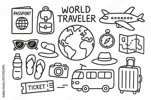 Travel Essentials Doodle. Hand-drawn doodle illustration world traveler globe, passport, backpack, airplane, map, camera, compass, sunglasses, hat, train, bus,