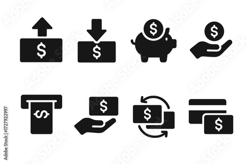 Budget Action Icons. Solid, filled icon set of budget actions: income, expense, savings, investment, withdrawal, deposit, transfer, payment. [Solid, filled