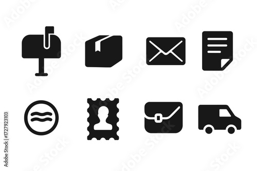 Postal Services Icons. Solid, filled icon set of postal services: mailbox, parcel, envelope, letter, postmark, postage stamp, courier bag, postal truck. [Line
