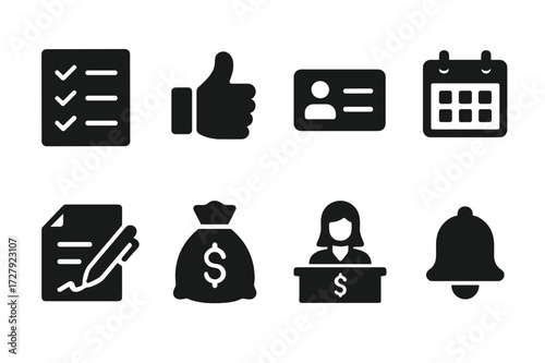Loan Approval Icons. Solid, filled icon set of loan approval process: checklist, thumbs up, ID card, calendar, contract signing, money bag, bank teller,