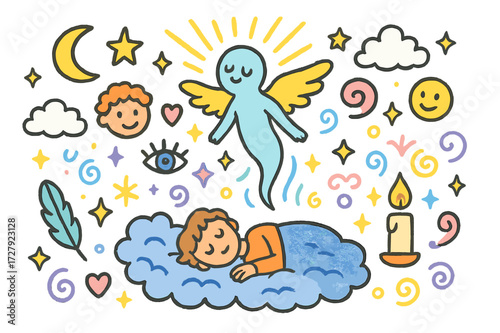 Soul's Gentle Journey. Ethereal departure. Colorful Hand-drawn doodle Children illustration Soul leaving body, wings, stars, moon, light rays,